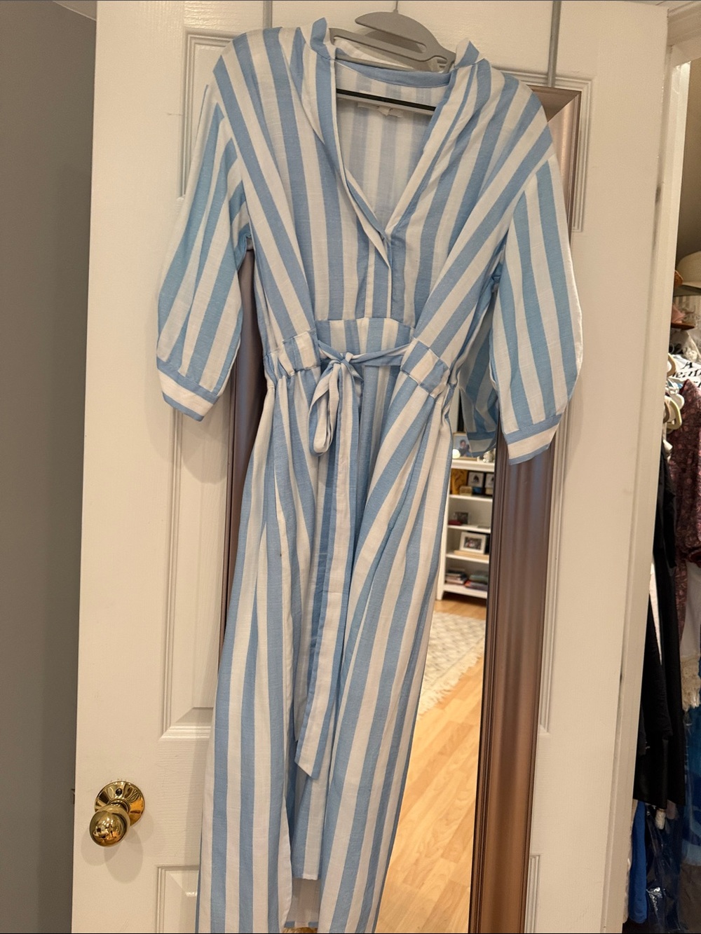 Light Blue & White Striped Tie-Waist Maxi Dress